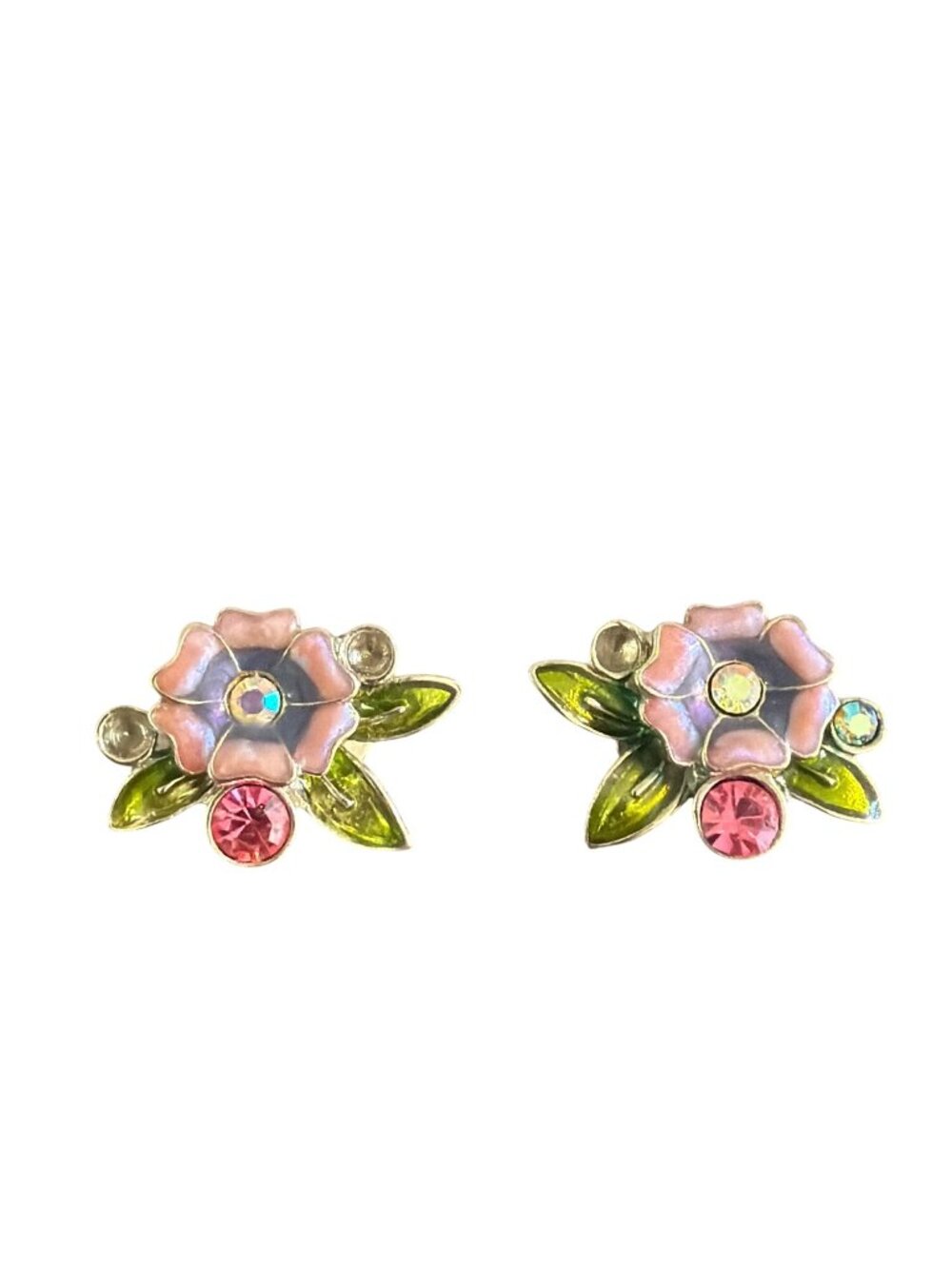Vintage Avon Silver Flower Earrings Enamel Aurora Borealis Rhinestones Estate 1"